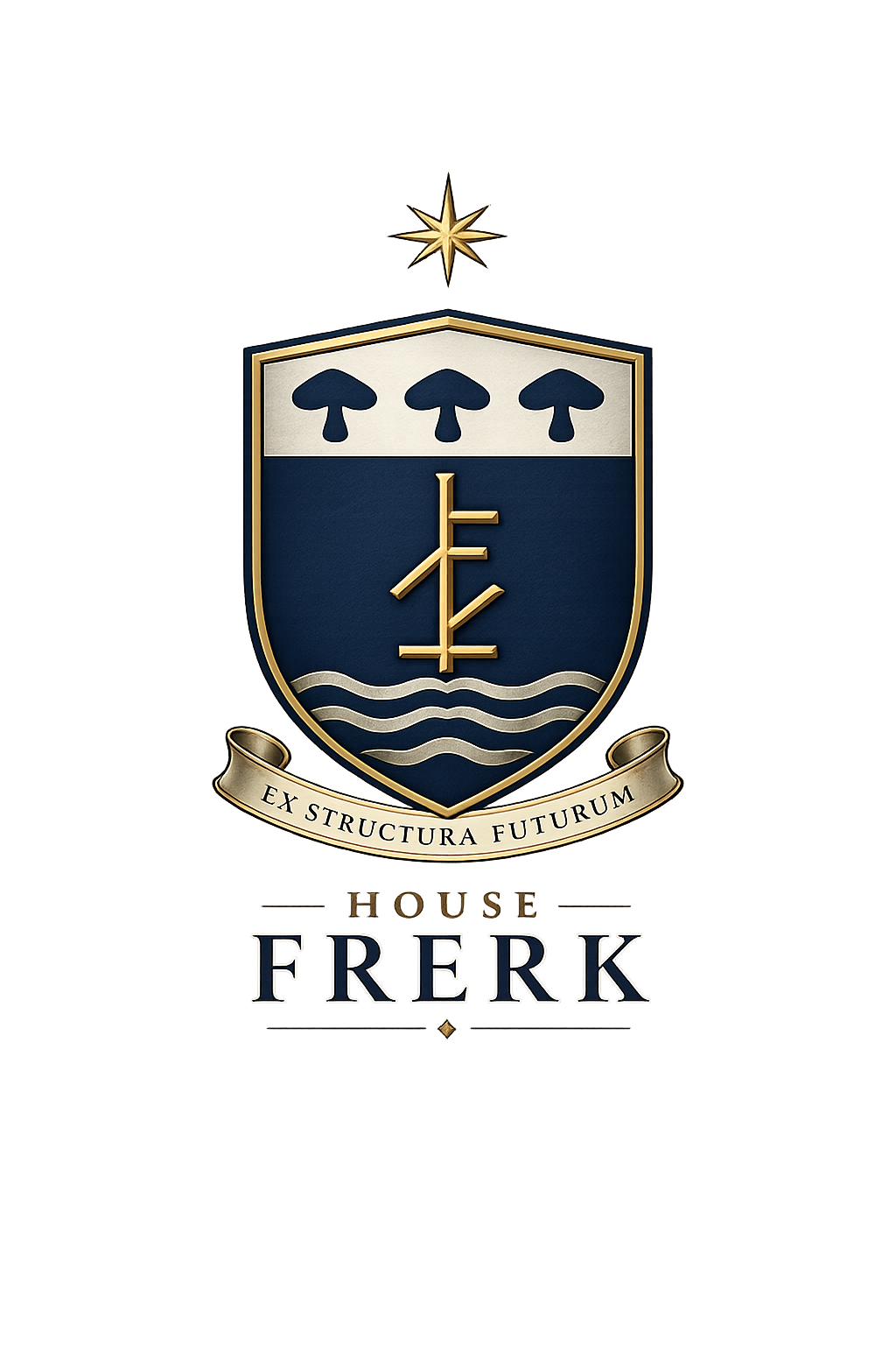 House Frerk Coat of Arms - Azure shield with three fungi on argent, gold Hausmarke with waves, North Star crest, motto Ex Structura Futurum