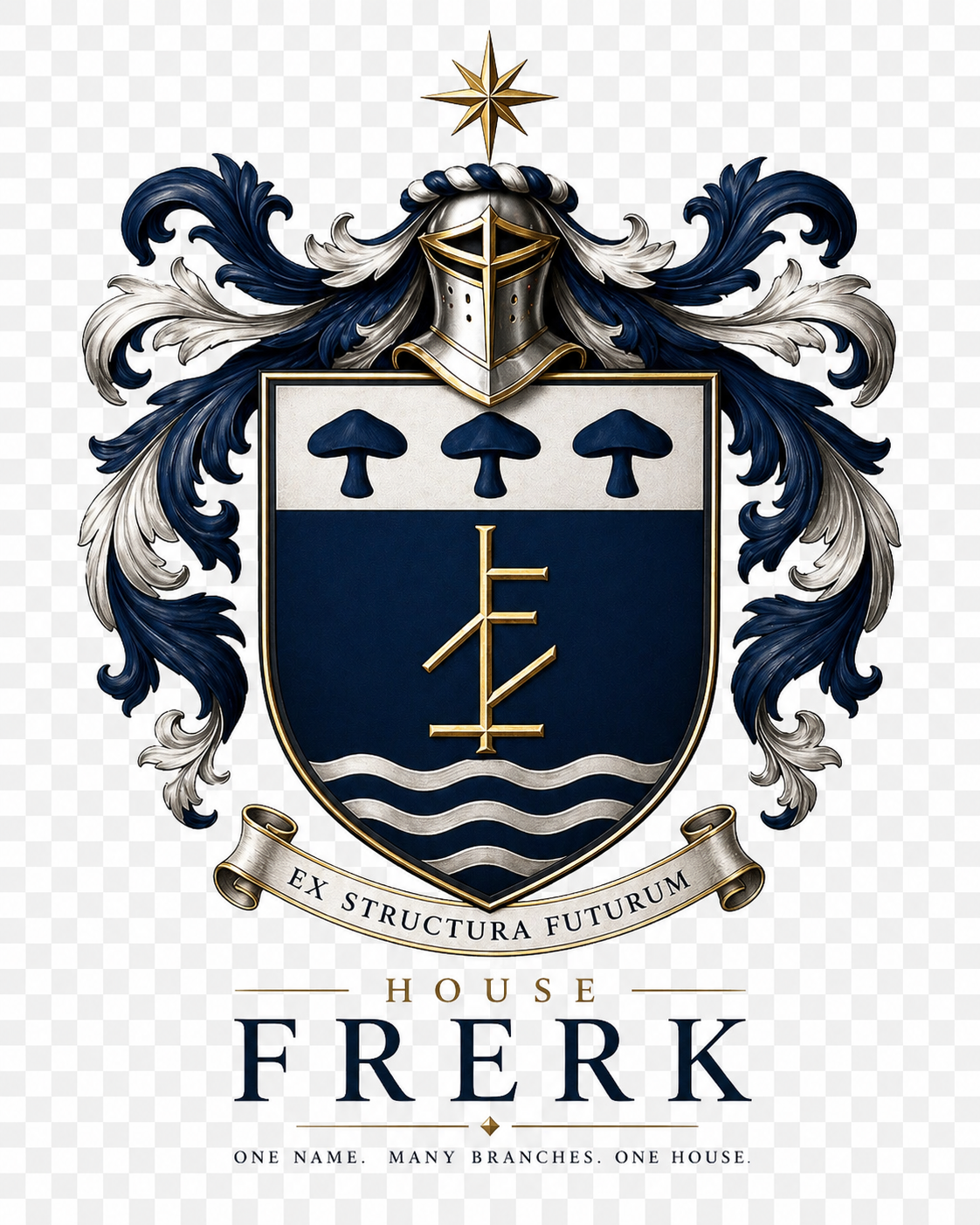 House Frerk Coat of Arms - Azure shield with three fungi on argent, gold Hausmarke, waves, silver helm with mantling, North Star crest